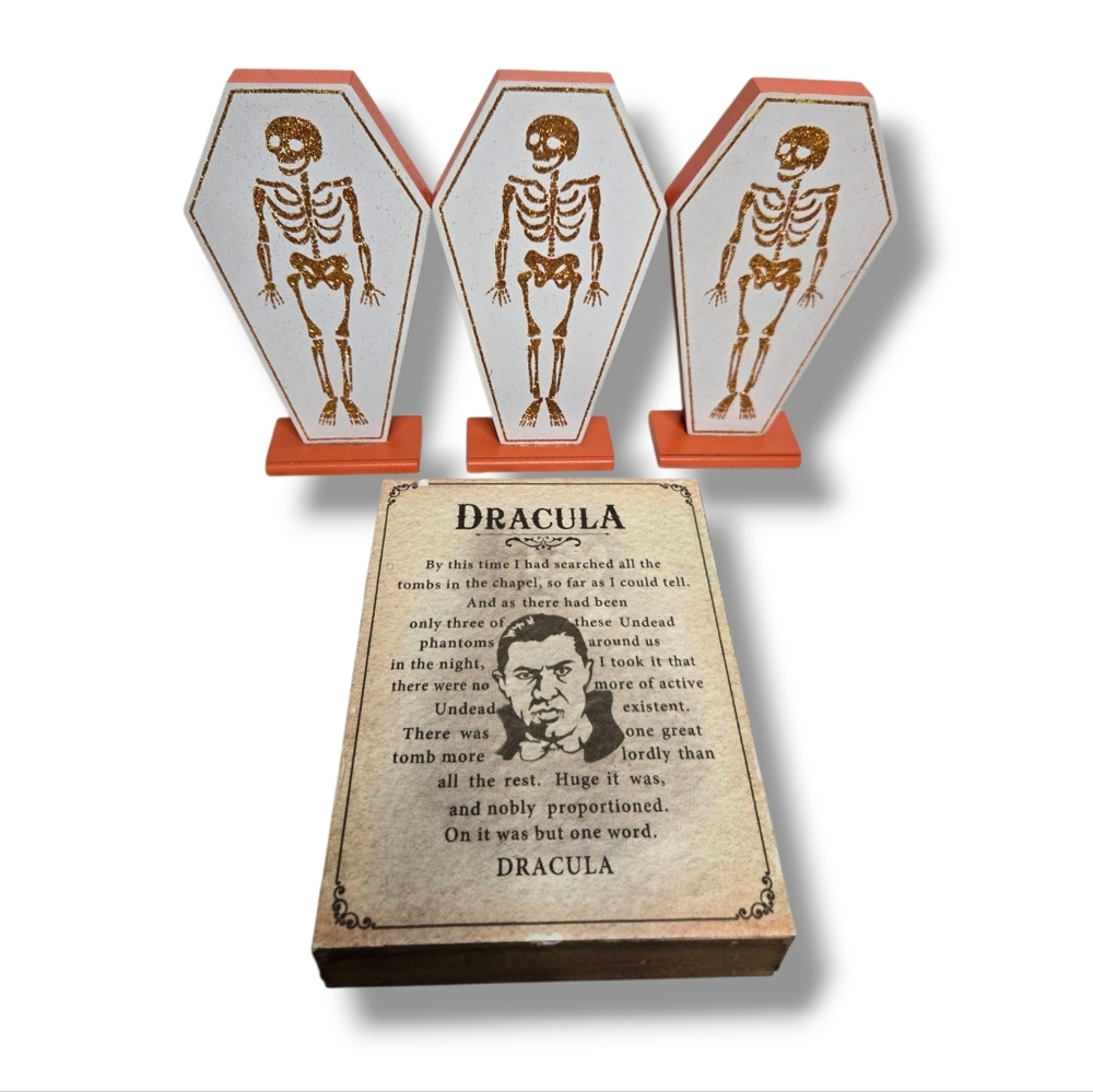 NEW Ashland Hippie Hallow orange‎ glitter skeletons and wooden Dracula art decor